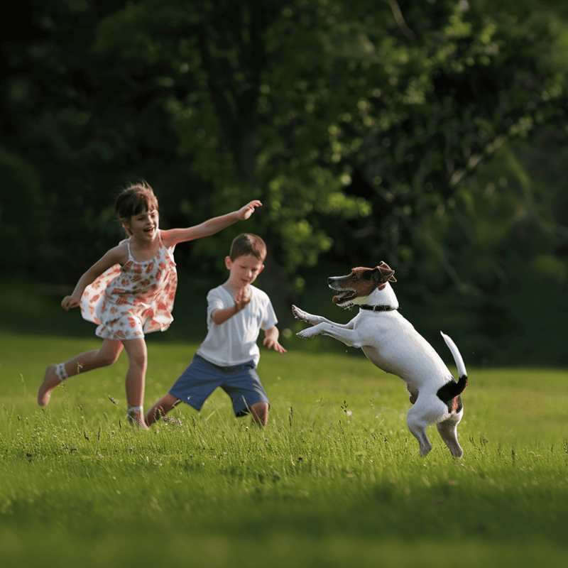 Happy children playing fetch with a lively dog outdoors.