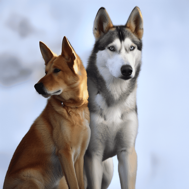 Adorable Siberian Husky with striking blue eyes and Malamute medium-haired with a warm coat, standing on snowy terrain.