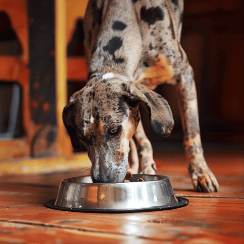 Dog enjoying nutritious meal from stainless steel pet bowl for optimal health.