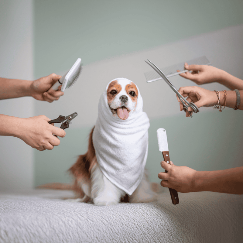 Doggy grooming, grooming tools, pet haircut, dog bath, professional pet grooming.