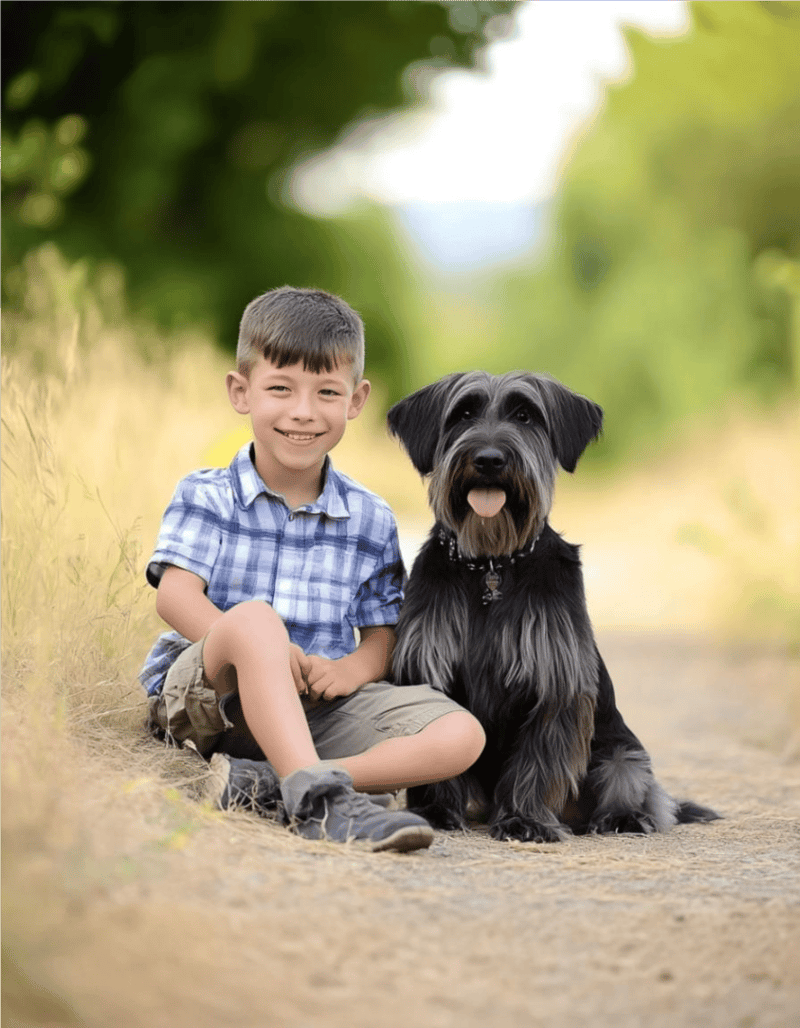 Happy boy with his dog in nature setting.