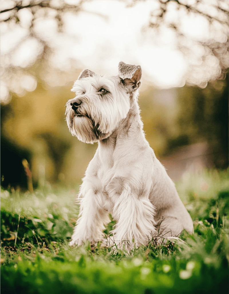 Cute dog sitting outdoors in a park, showcasing pet care and dog grooming.