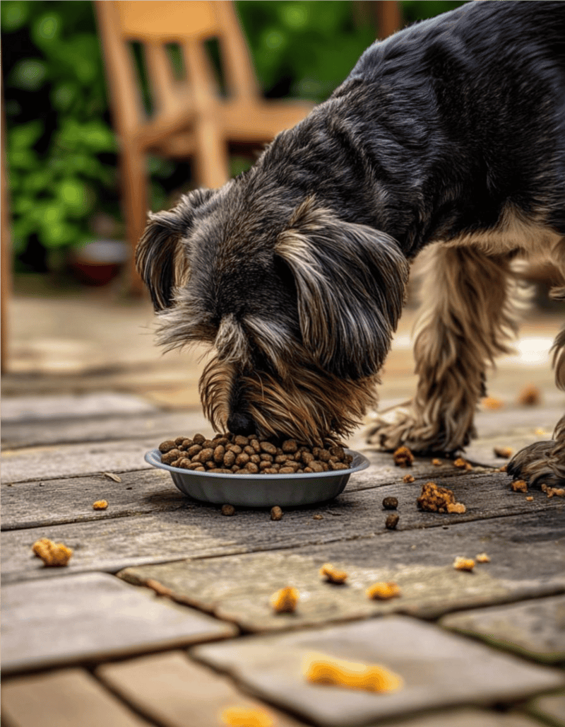 Adorable dog consuming dry kibble on wooden deck in garden setting.