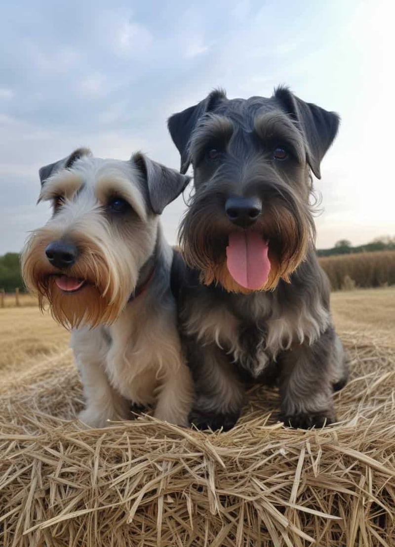Adorable pair of Schnauzers sitting on straw in a natural outdoor setting.