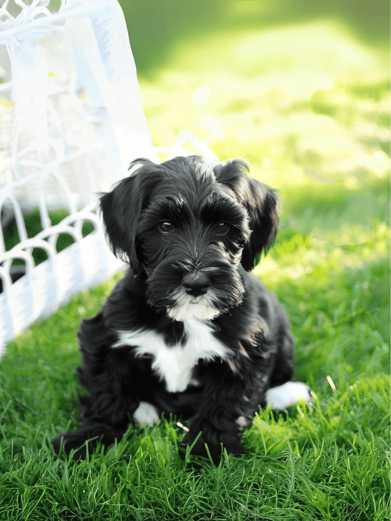 Adorable black and white puppy sitting in lush green grass outdoors, sunny and bright environment.