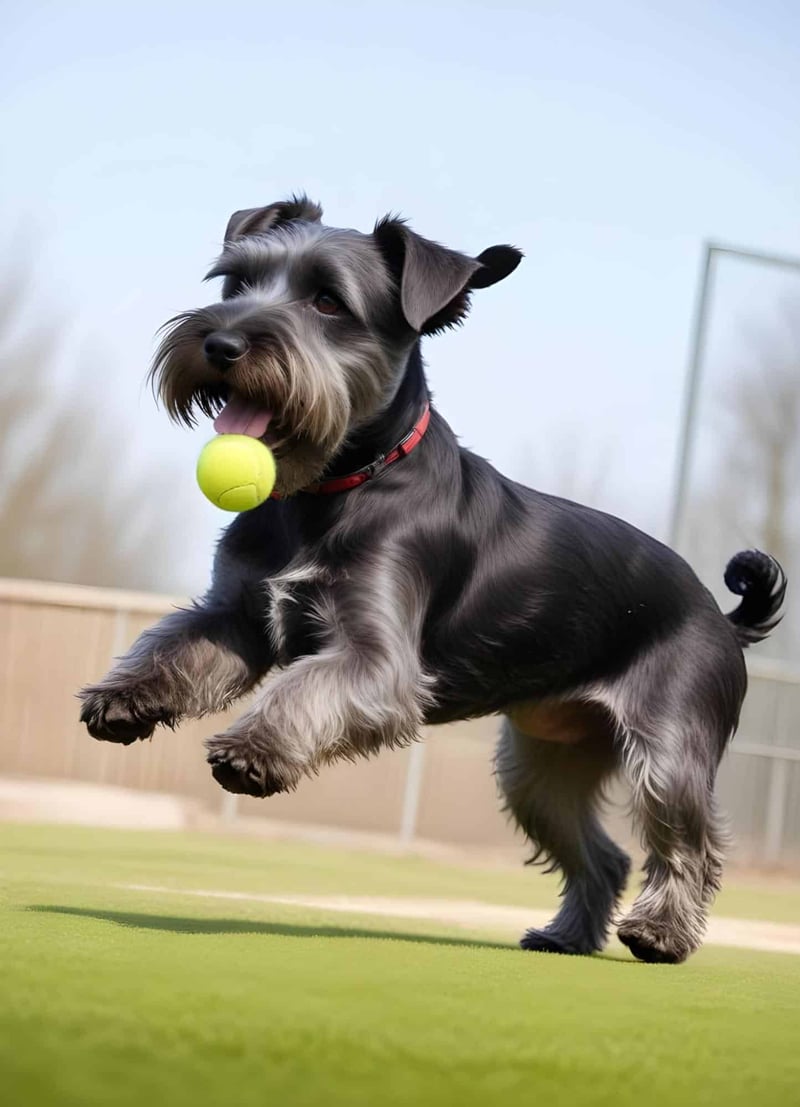 Dog with tennis ball, playing fetch, happy and active outdoor dog.