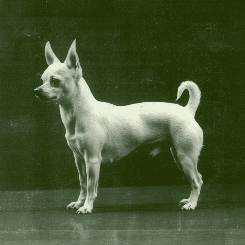 Dog standing confidently with ears up and tail curled, on dark background.