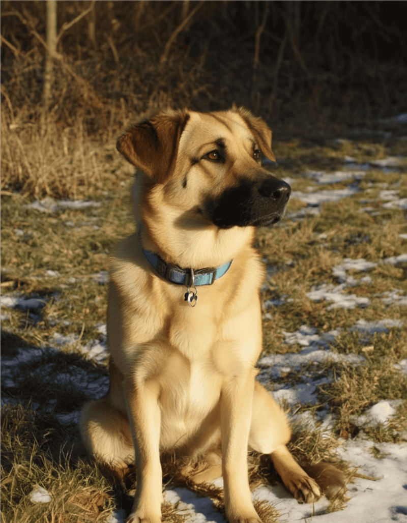 Adorable dog sitting on grass in a natural outdoor setting with patches of snow.