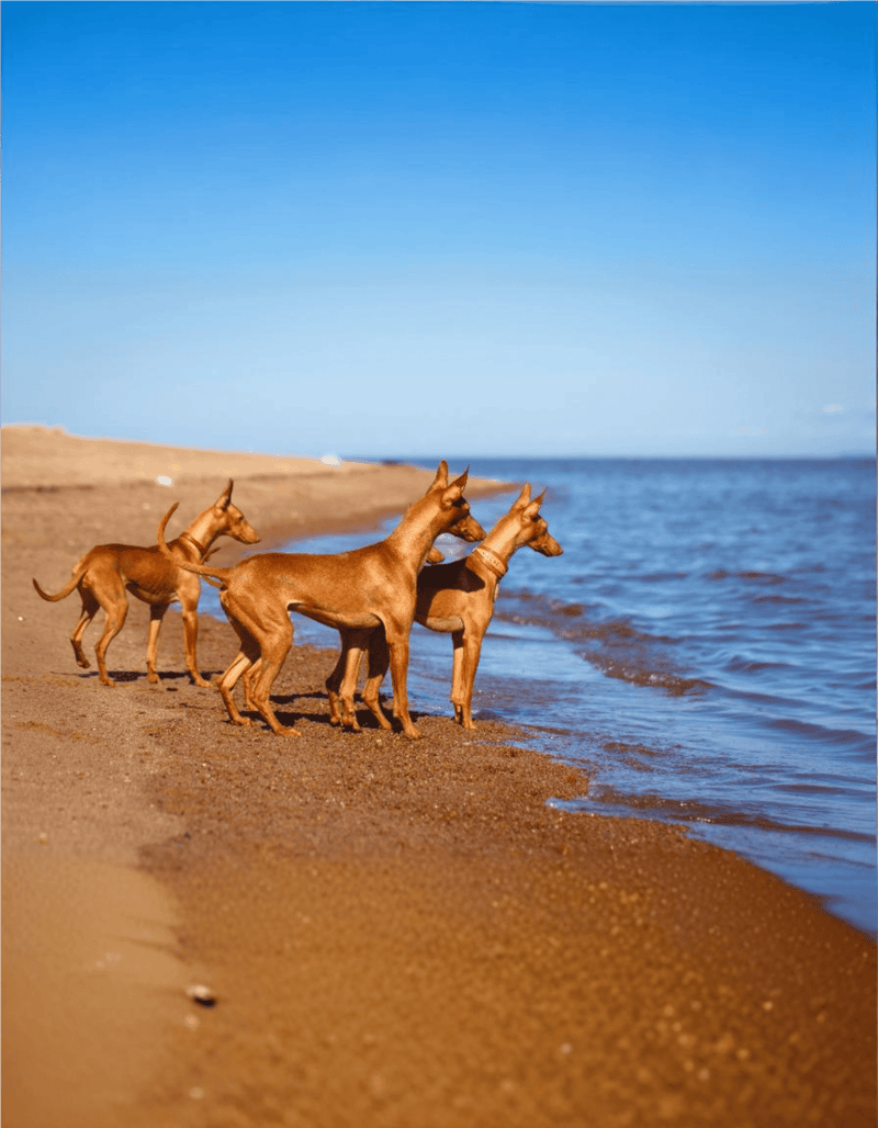 Dog playing on sandy beach and enjoying the ocean view with friends. Perfect for outdoor dog activities and exercise.