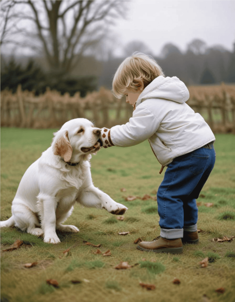 Adorable puppy enjoying playtime with kid in a park.