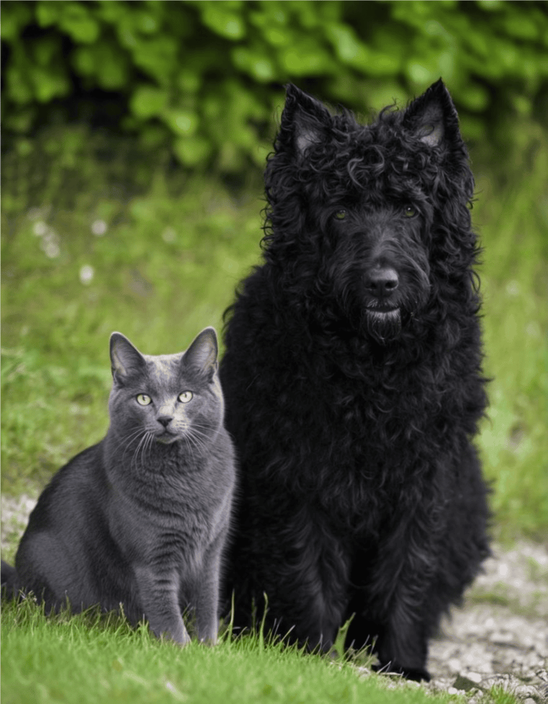 Adorable black dog and gray cat sitting together in lush outdoor setting.