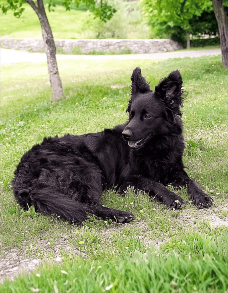 Adorable black dog relaxing on grassy park lawn, capturing playful and happy moments outdoors.