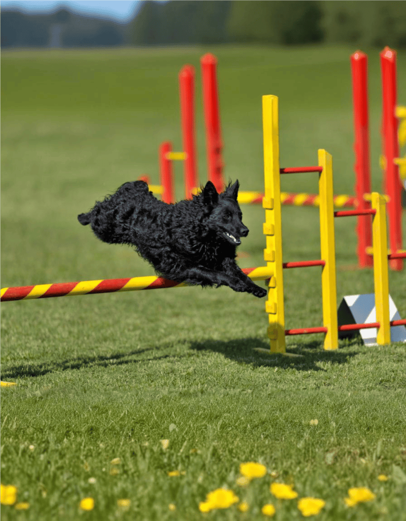 Energetic black dog participating in agility course in outdoor park.
