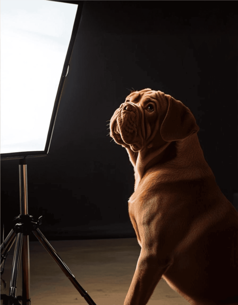 Dog photography studio, adorable dog, professional pet photo shoot.