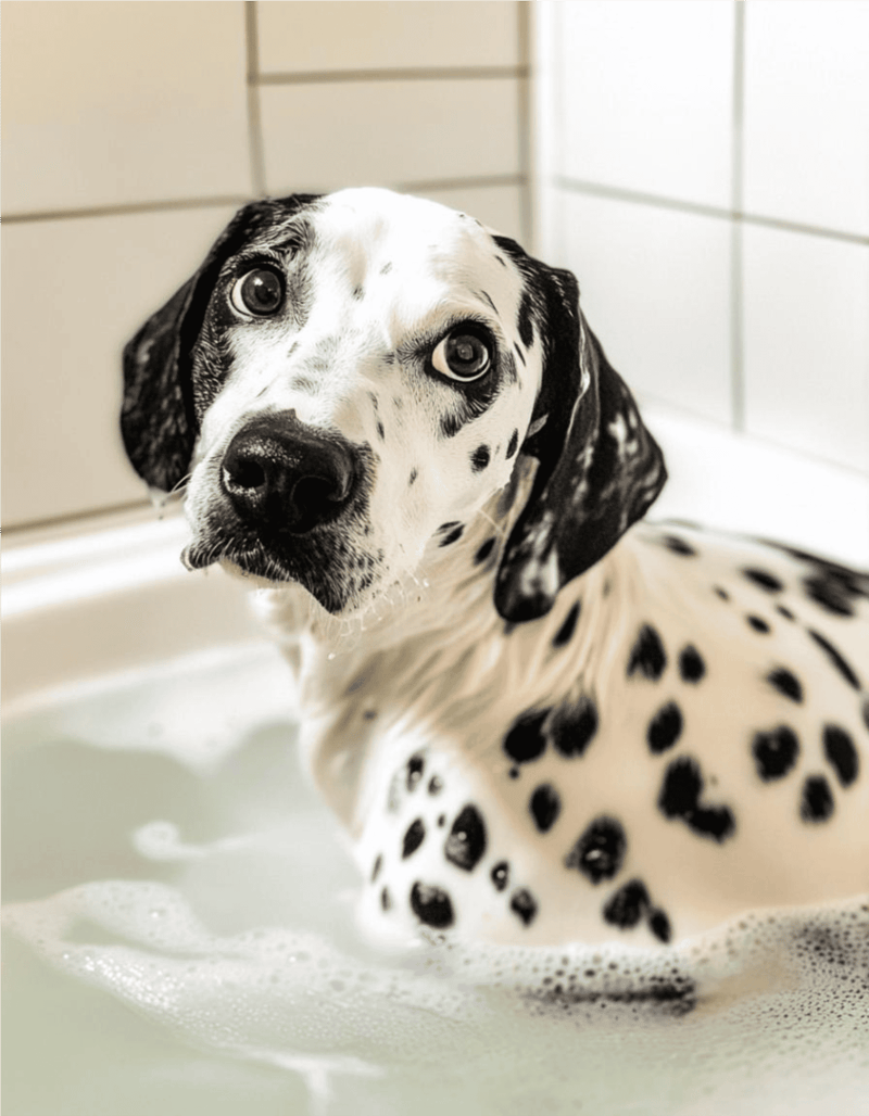 Adorable Dalmatian dog taking a bath, with soap bubbles on coat and curious eyes.