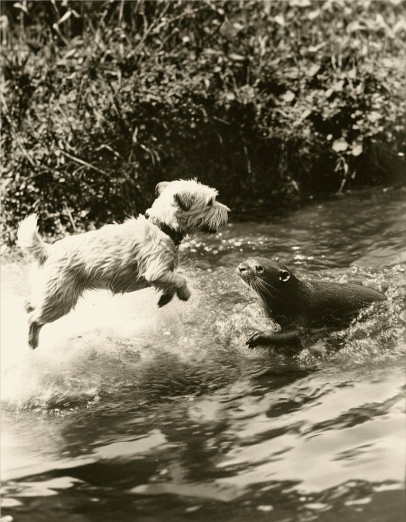 Adorable dog leaping in water, playing with a curious otter in a natural outdoor setting.
