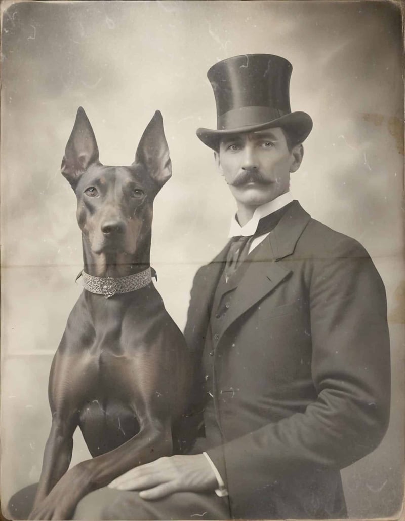 A classic vintage photo of a man in Victorian attire with a sleek dog, showcasing timeless elegance.