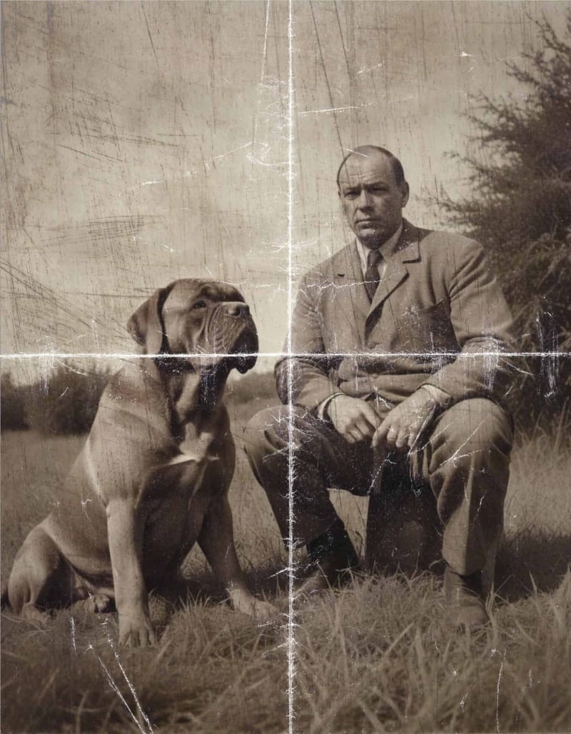 Vintage black and white photo of a man with a large dog outdoors.