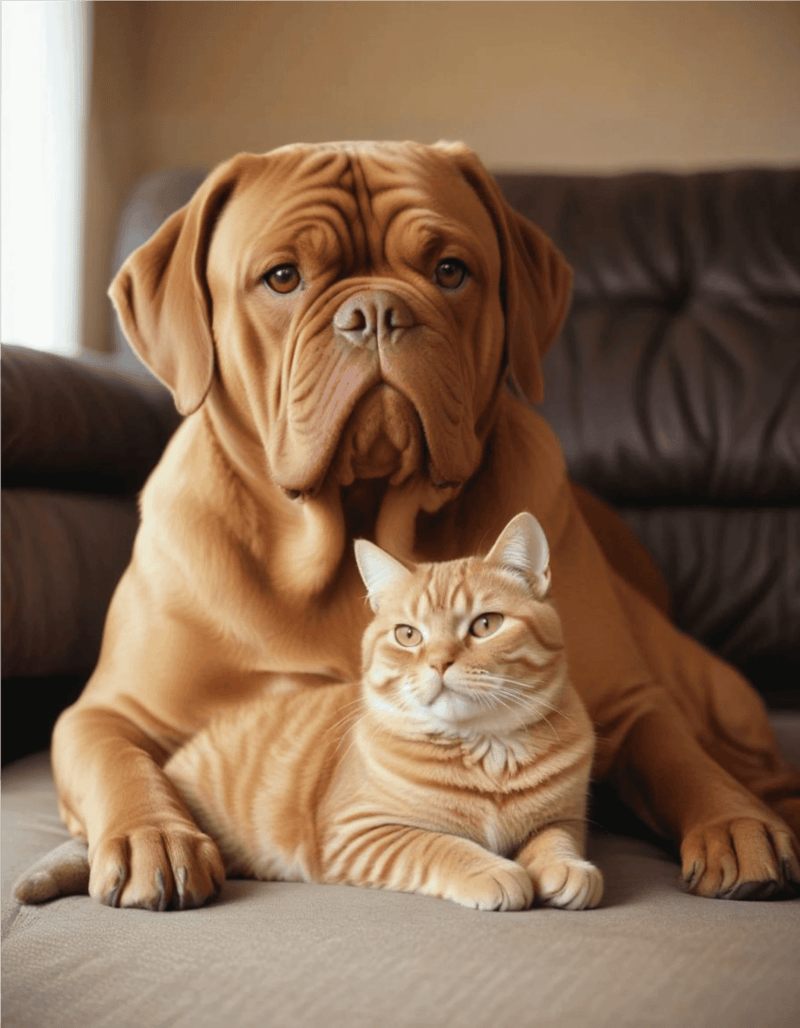 Adorable dog and cat sitting together on a sofa, showcasing pet companionship and care.