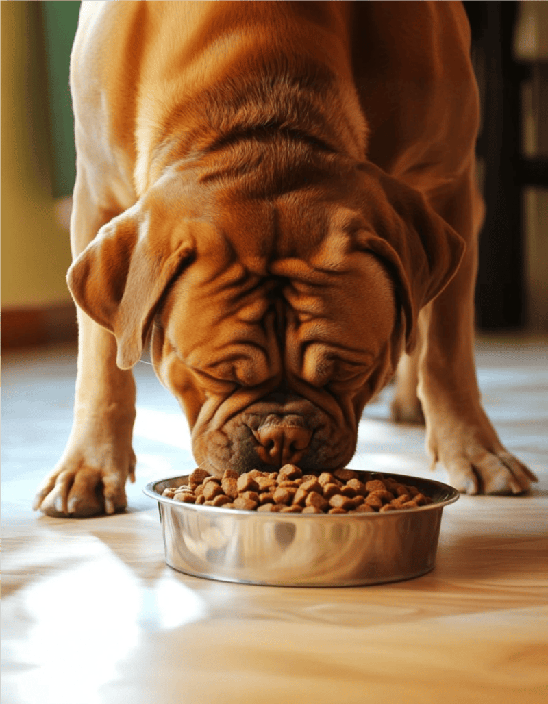 Adorable English Bulldog eating kibble from a stainless steel bowl.