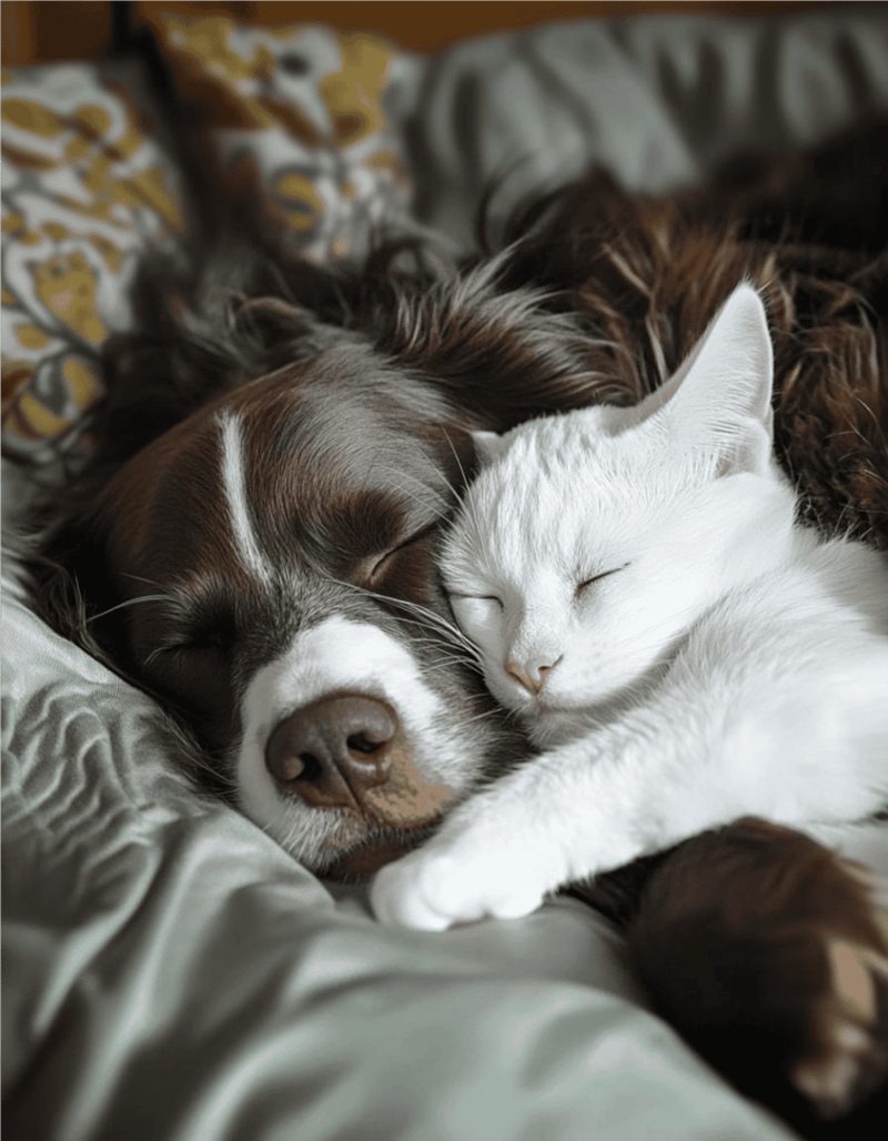 Adorable dog and white cat sleeping together, showcasing pet companionship and comfort.