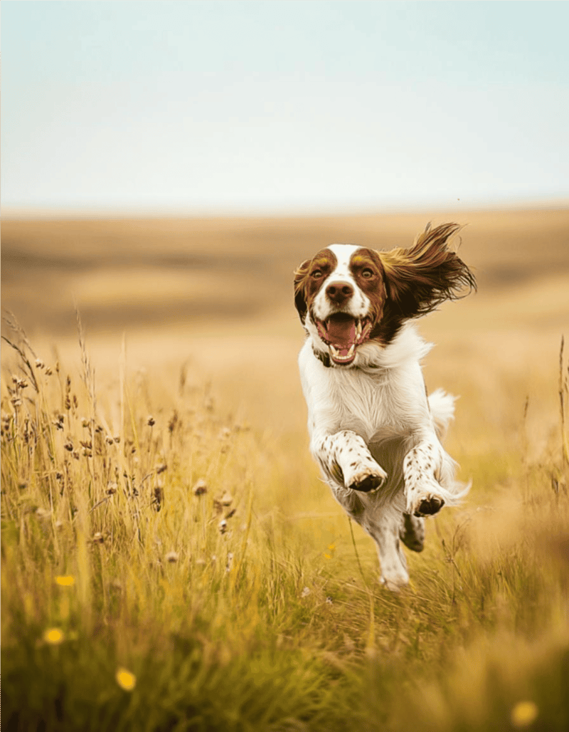 Dog running joyfully through a grassy field in a natural outdoor setting.