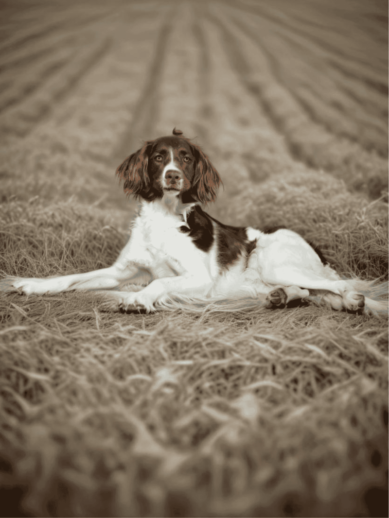 Adorable dog resting on hay in a rural outdoor setting, perfect for dog lovers.