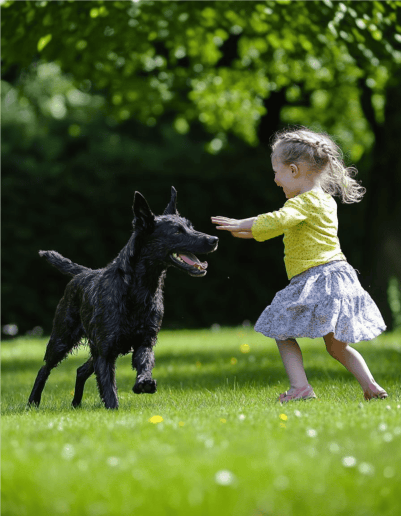 Girl playing with her dog outdoors in a park with green trees.