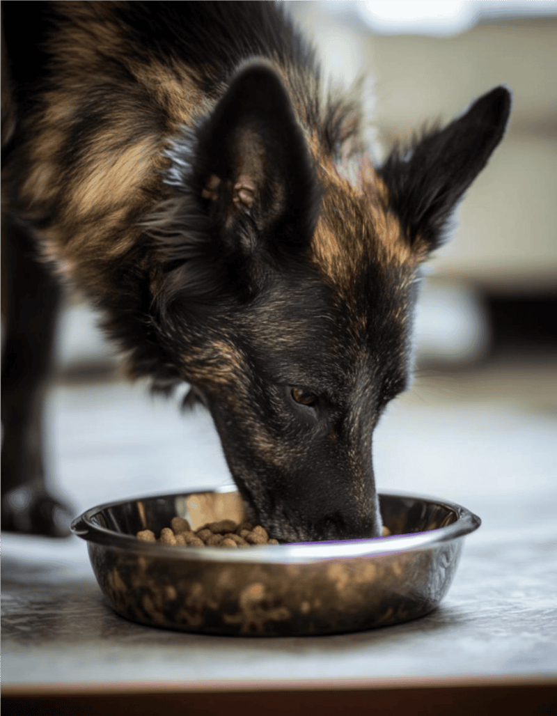 Close-up of a German Shepherd eating kibble from a metal pet bowl on the floor.