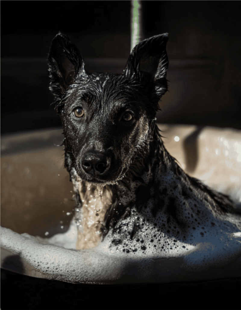 Cute black and tan dog splashing in a shallow pool.