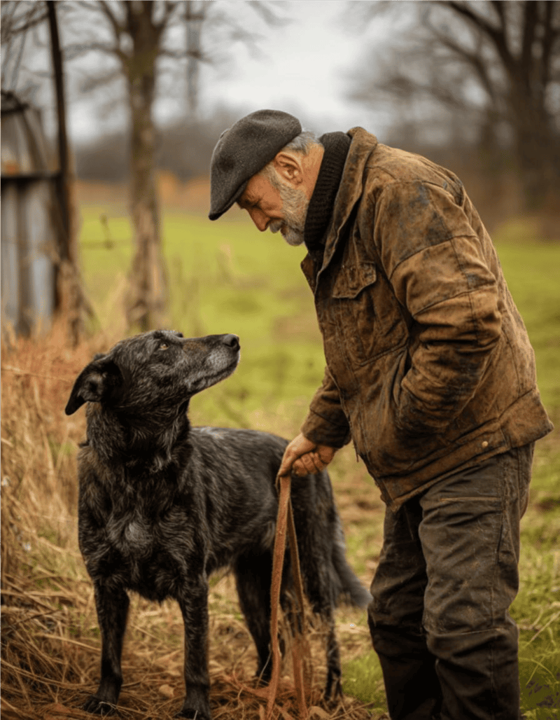 Loyal dog and owner in peaceful outdoor countryside landscape.