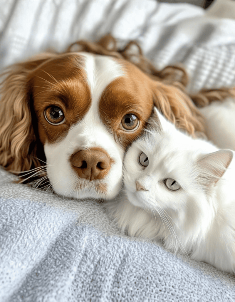 Cuddling dog and cat, cozy blanket, friendly pets, adorable animals, dog and cat friendship, pet companionship.