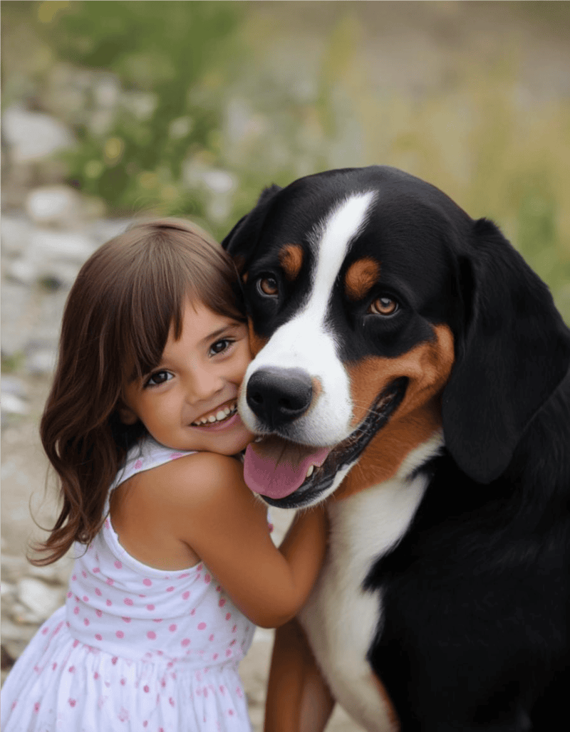 Adorable girl hugging friendly Bernese Mountain Dog outdoors.