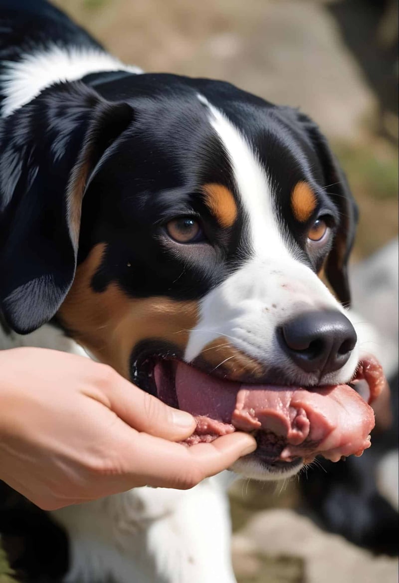 Adorable Bernese Mountain Dog enjoying a chew toy outdoors.