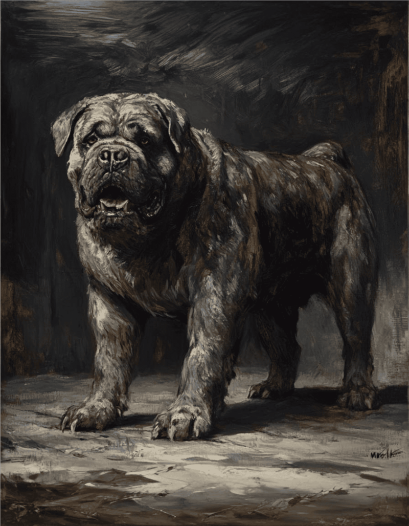 Detailed painting of a large, powerful bulldog with a dark background.