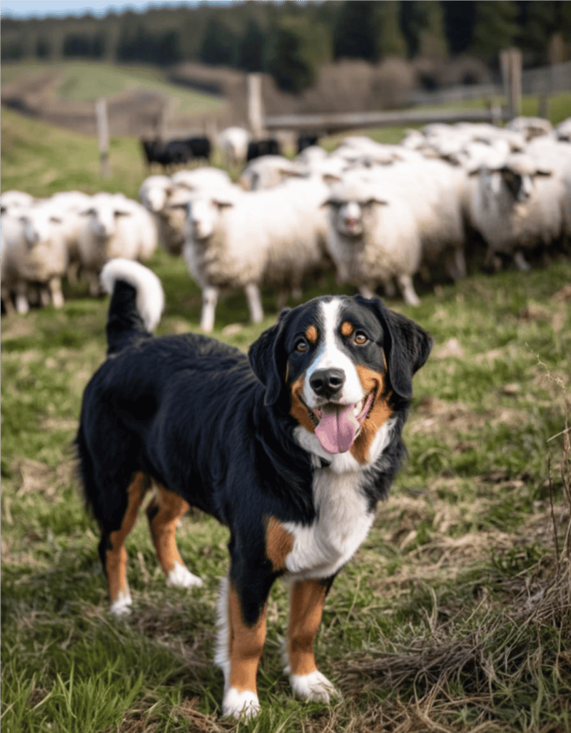 Dog herding sheep on a farm, perfect outdoor activity for working and playful dogs.