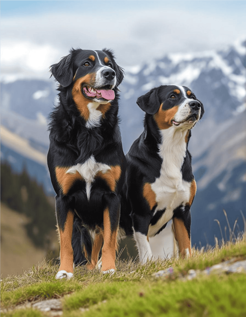 Adorable Bernese Mountain Dogs posing in scenic mountain setting for pet lovers.