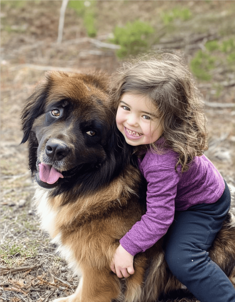 Adorable girl hugging a happy, fluffy dog in a natural outdoor setting. Perfect for pet and family photo content.