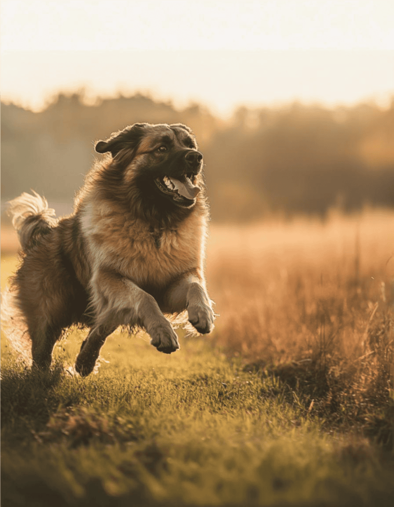 Large happy dog playing outside at sunset in a field, enjoying outdoor exercise and joyful moments.