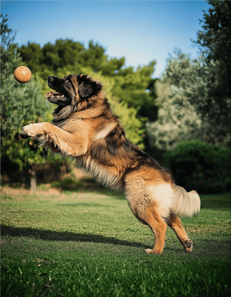 A happy German Shepherd jumping to catch a ball in a green park.
