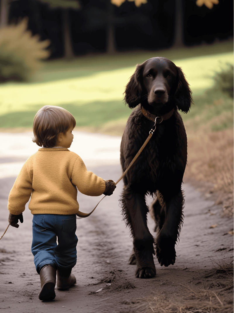 Adorable child holding leash, walking a friendly retriever dog on a trail outdoors.