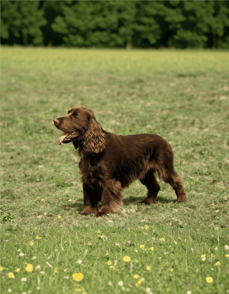 Brown spaniel standing on green grass in park.