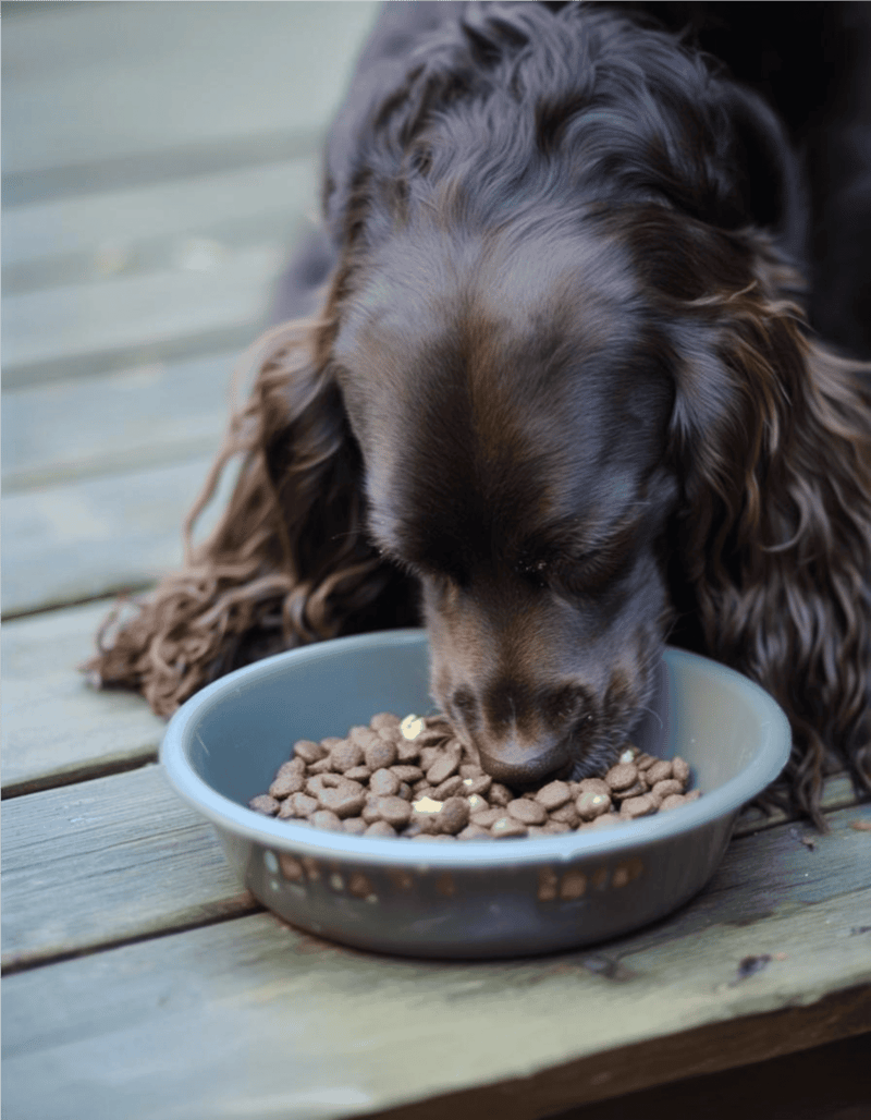 Dog eating dry dog food from bowl.