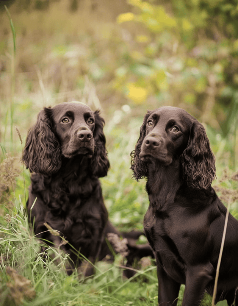 Four Labrador Retriever puppies sitting outdoors surrounded by grass, looking curious and attentive.
