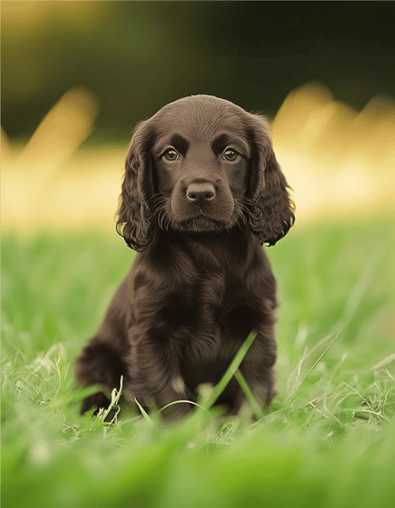 Cute chocolate Labrador puppy in green field.