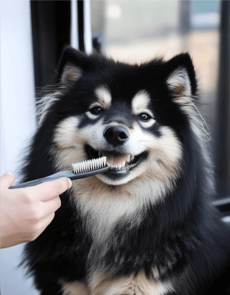 Close-up of a fluffy black and cream dog being brushed by a person, emphasizing pet dental care.