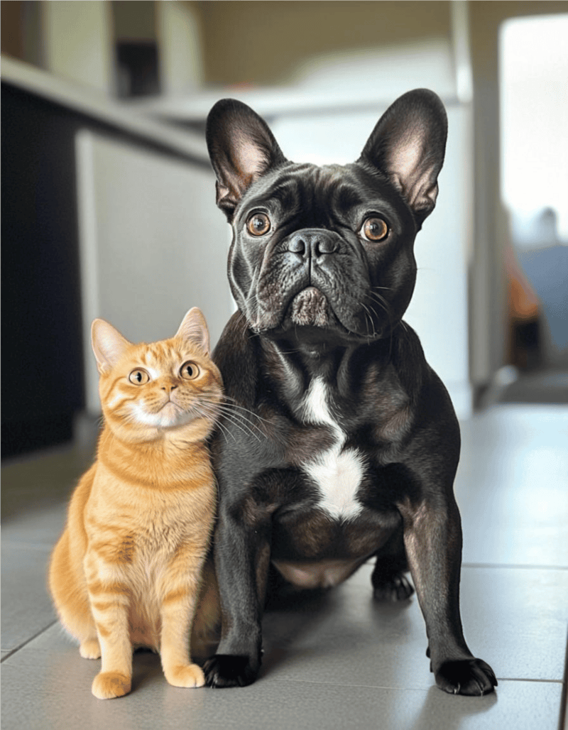 Adorable dog and cat sitting together indoors.