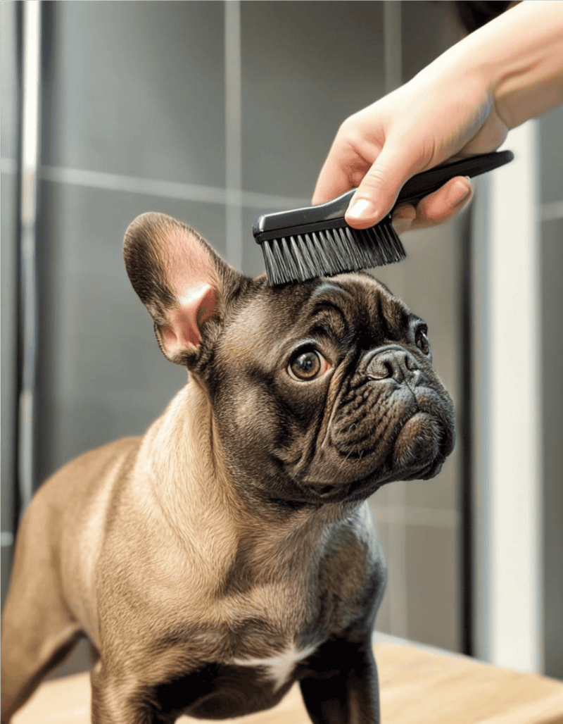 Dog grooming, brushing a French Bulldog.