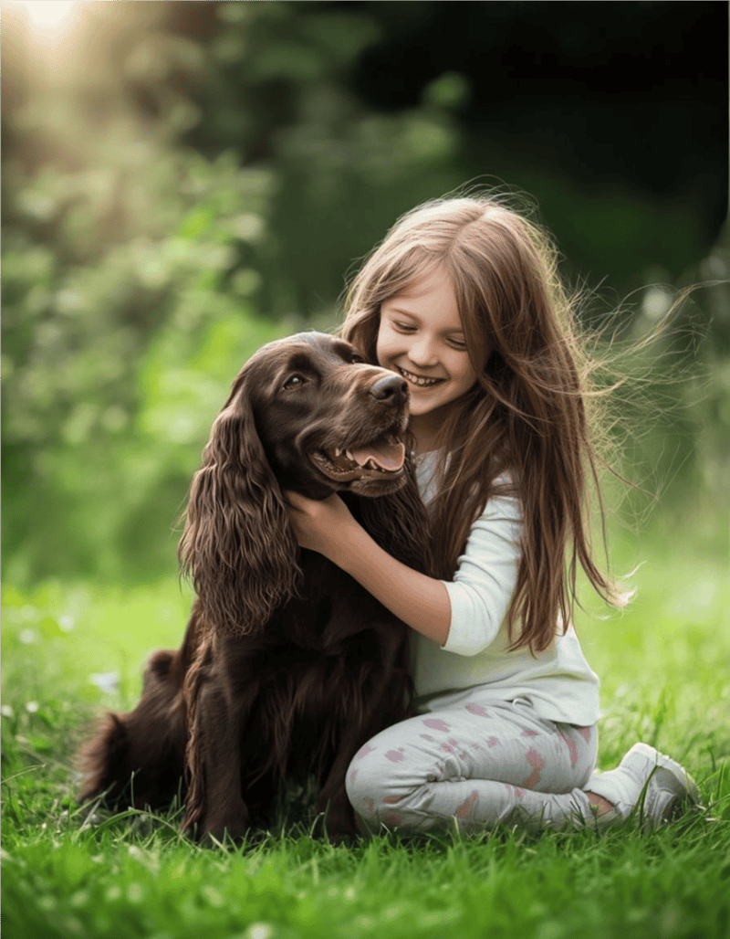 Adorable girl hugging her happy brown spaniel dog in a vibrant outdoor park setting.