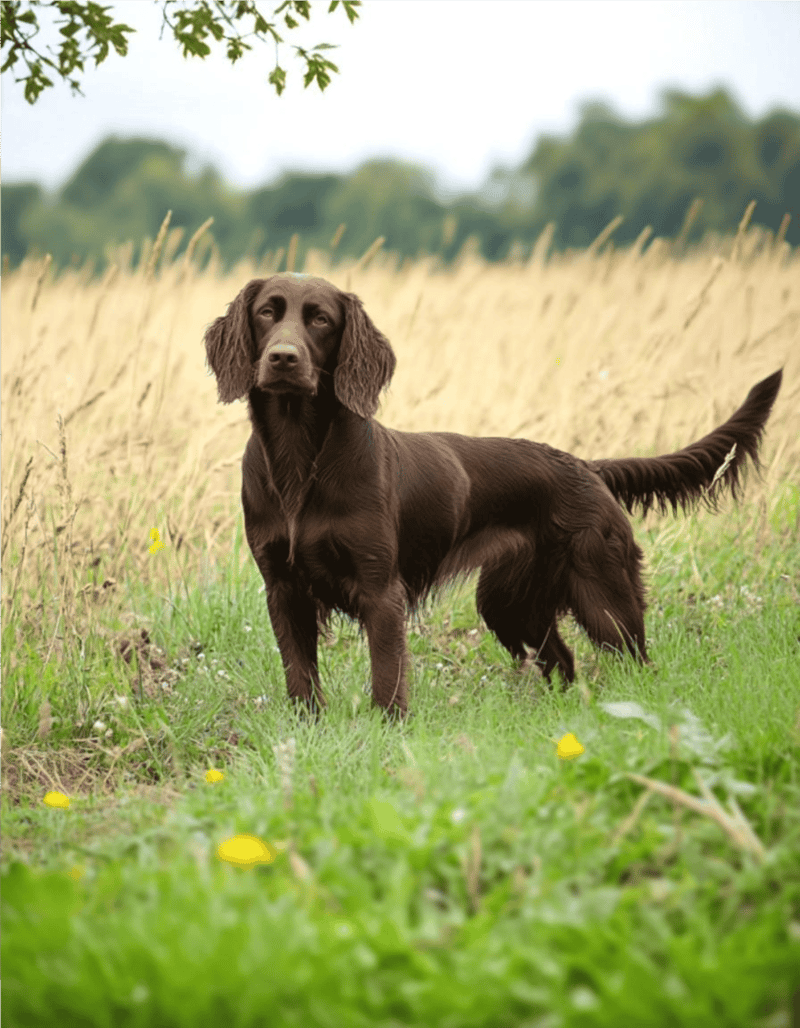 Dog in a lush green field with tall grass and yellow flowers, outdoor nature scene.